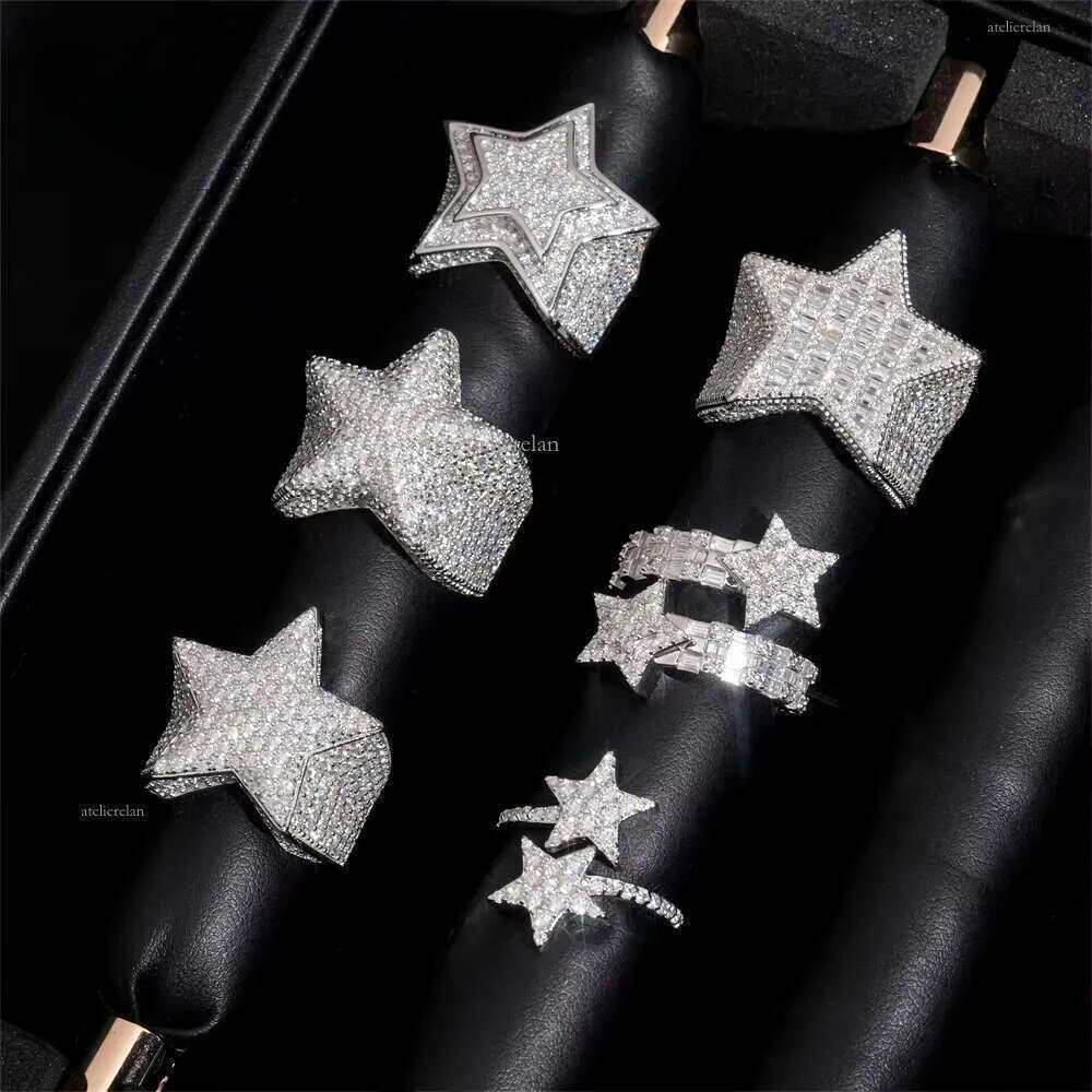 Hot Sale Instock Iced Out Star Moissanite Rings Sier Hip Hop Pass Dia Tester Fashion Men Cuban Ring