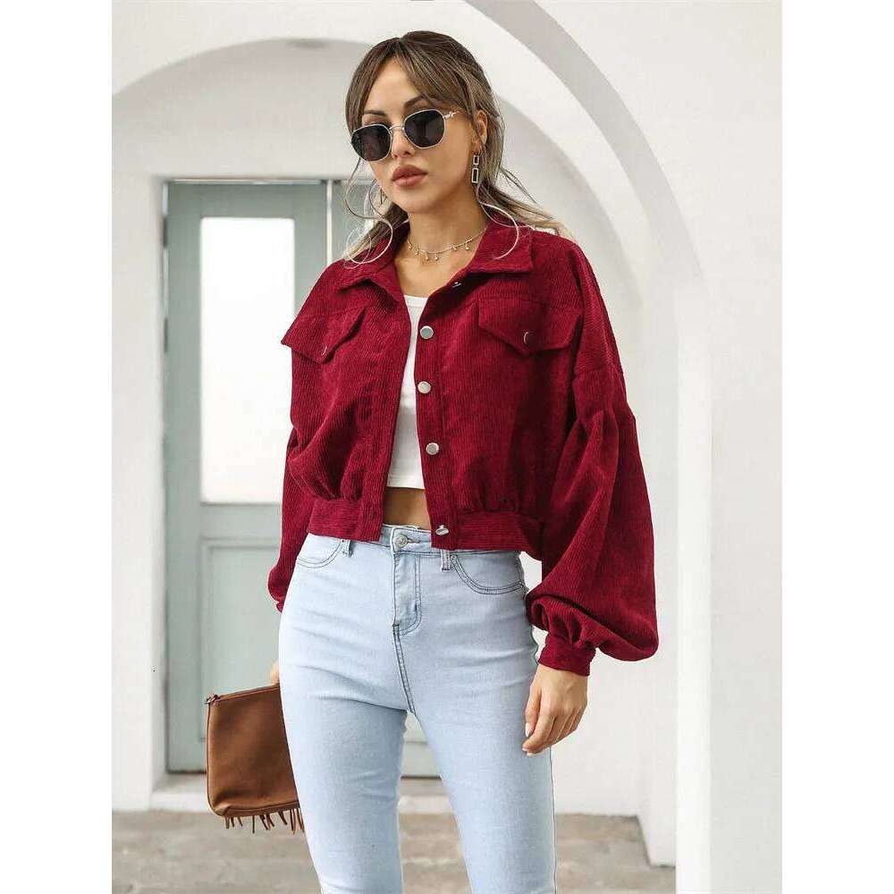 Corduroy Short Jacket Women Loose Tops Spring Autumn Turndown Collar Lantern Sleeve Casual Coat Lady Streetwear Outerwear