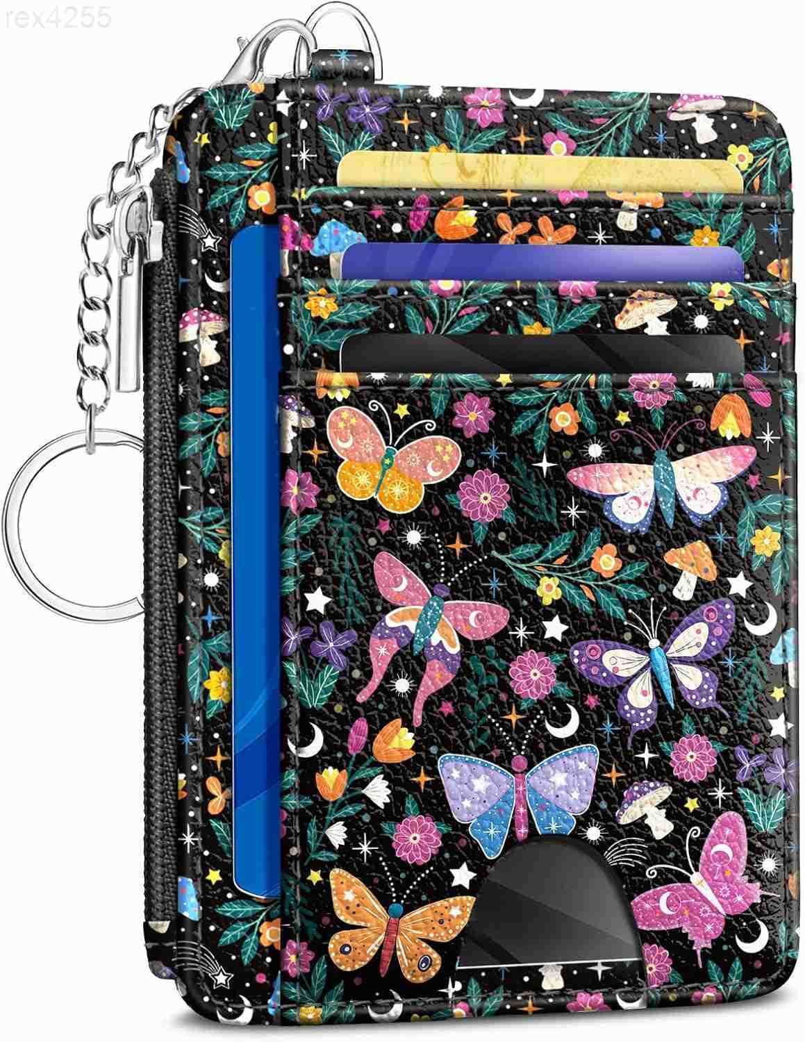 Cow Sunflower Credit Card Holder Small Wallet Women Slim RFID Blocking Wallet Woman Keychain with Zipper Coin Pocket Front Pocket Thin Travel Card Cas