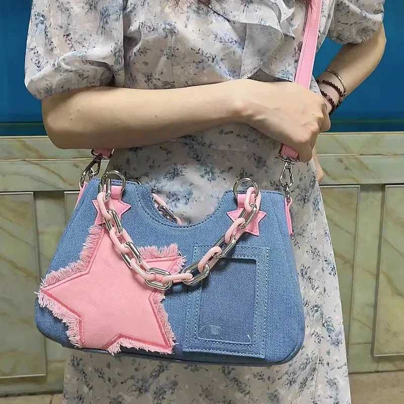Korean Fashion Shoulder Underarm Harajuku Star Tote Denim Bag Chain Ladies Bags Zip Purses Handbags Women 2024 Luxury Square Bag W250911