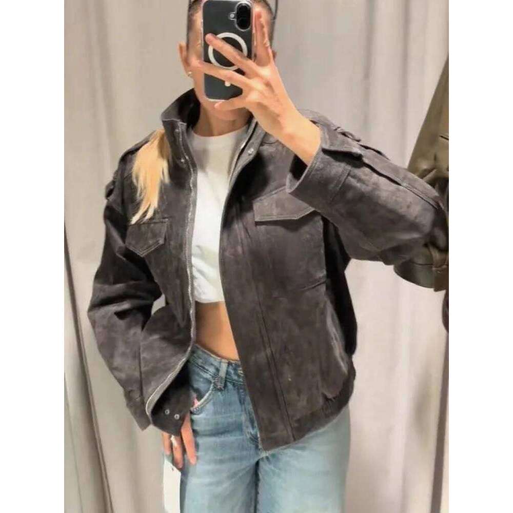 Women's Chic Zipper Bomber Coat Fashion Stand Collar Long Sleeve Pocket Female Jacket Lady 2025 Autumn Winter Casual Outerwear