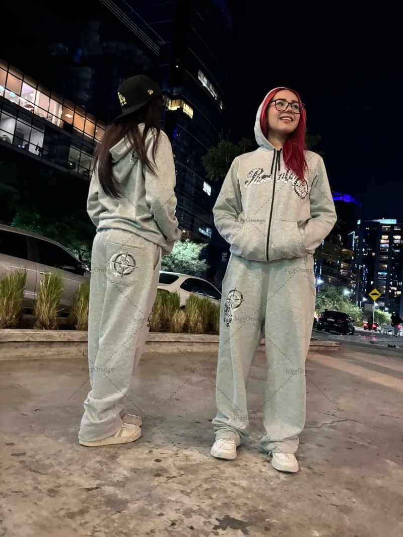 American Retro Hiphop Harajuku Oversized Zipper Sweatshirt Mens Suit Y2K Casual High Street Trendy Loose Wideleg Pants Women 250911