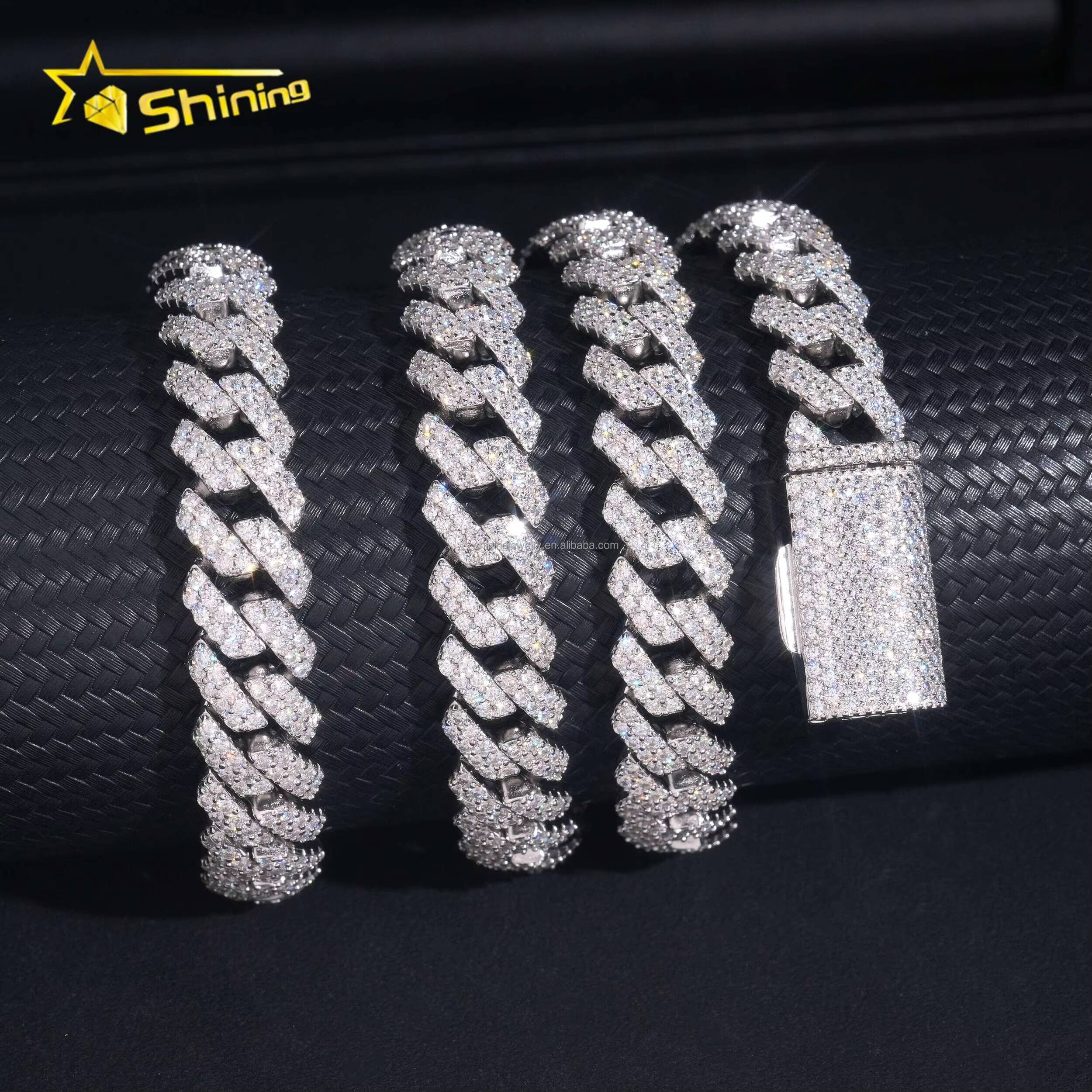 In Stock Luxury Jewelry Prong Setting 12mm Two Rows Iced Out Moissanite Diamond White S925 Sterling Silver Cuban Link Chain