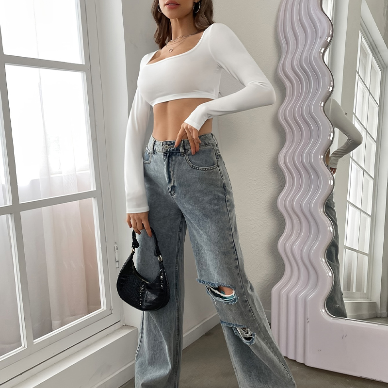 Women's sportswear and casual short-cut knitted high-elastic long-sleeved T-shirt top