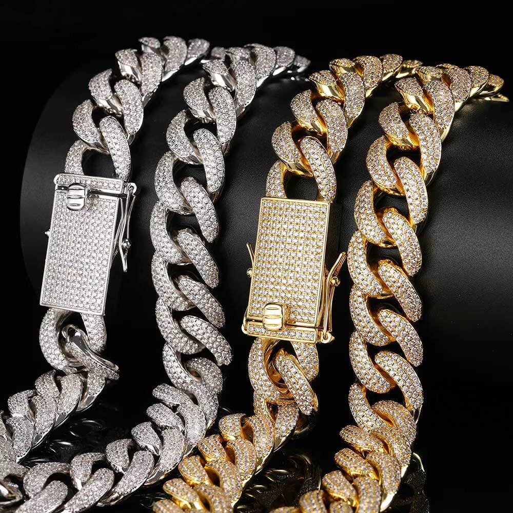 NUOYA Hip Hop Jewelry 18mm Cuban Link 18k Gold Plated Brass Full CZ Men Chunky Chain Necklace Iced Out Chain Men