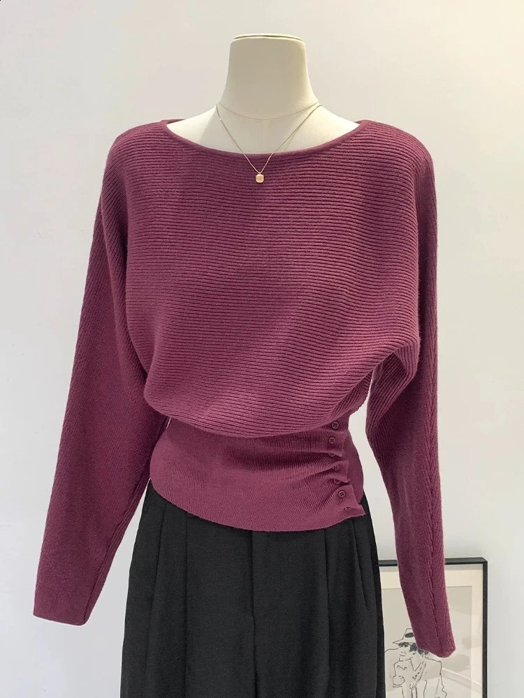 Women d Button Waist Pullovers Off Shoulder Slash Neck Autumn Winter Knitted Sweater Long Sleeved Tops 250911