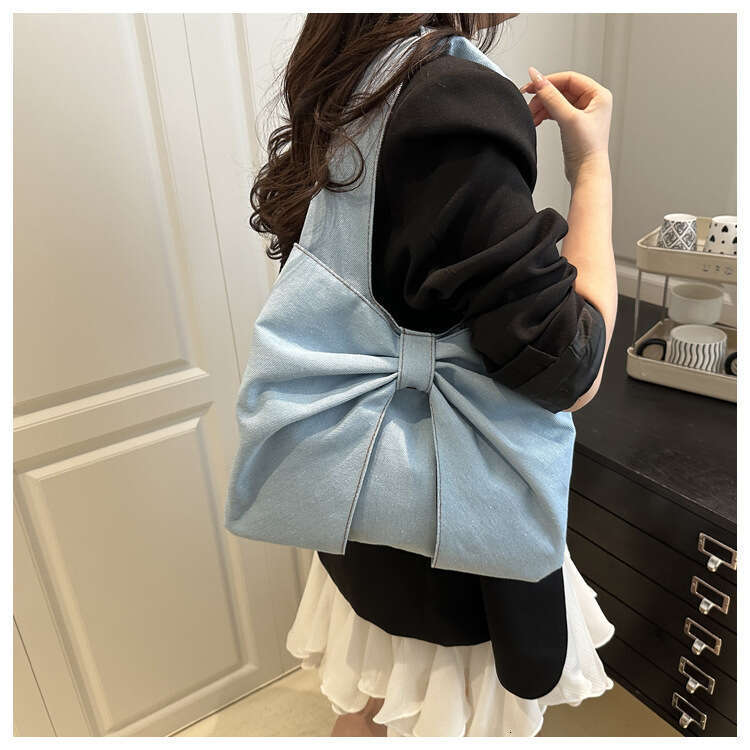 2025 Designer Bags New Fashion Simple Denim Single Shoulder Handbag Cute Exquisite Bow Niche Commuter Tote Bag
