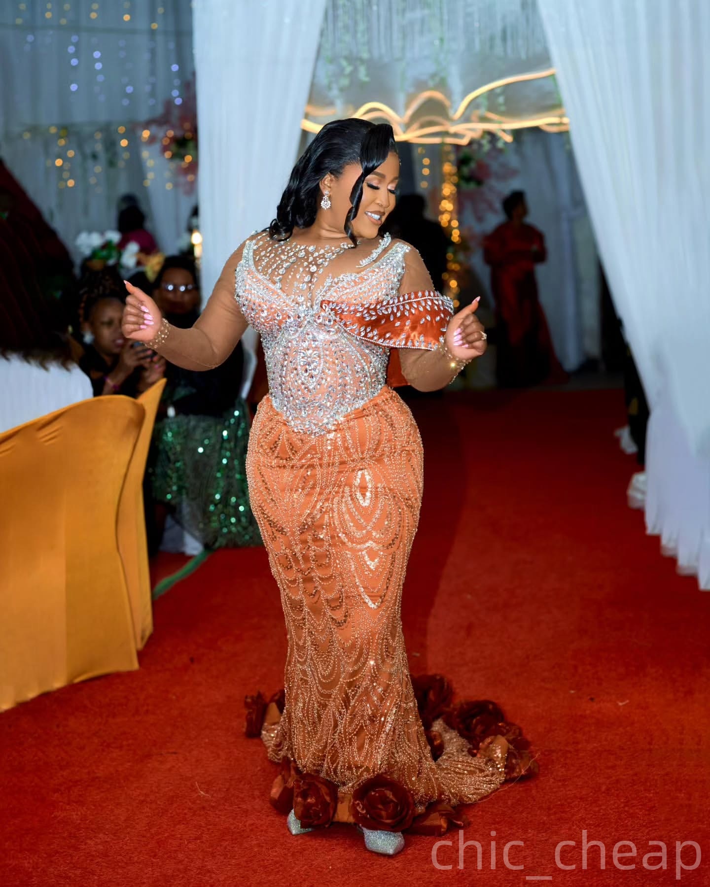 Burnt Orange Mermaid Prom Dresses 2025 Flowers Crystals Beaded Lace Evening Formal Party Second Birthday Engagement Gowns Plus Size Dress For Special 