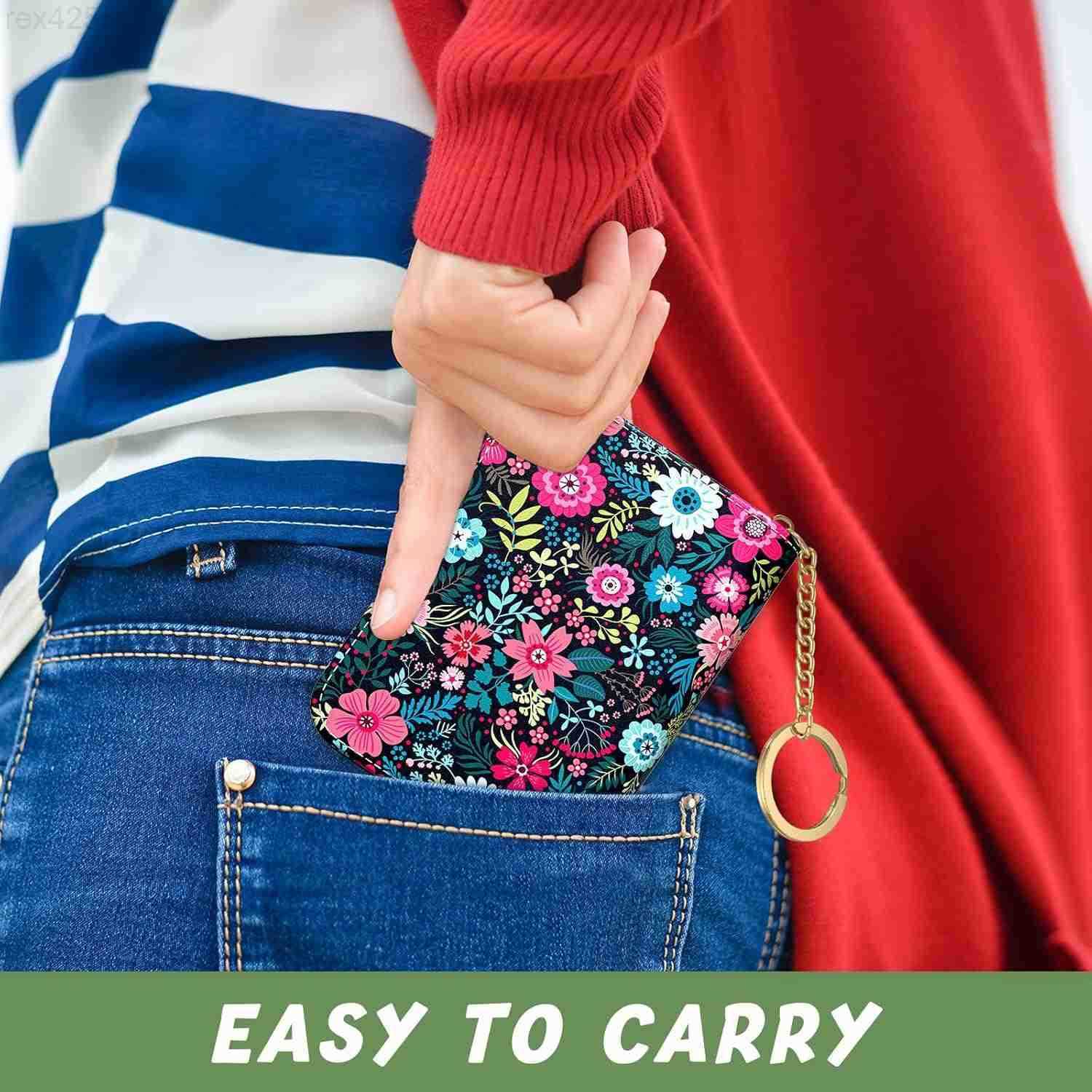 Credit Card Holder Small RFID Wallet Slim Leather Card Organizer Case with Zipper and Keychain Elegant FlowersW250911