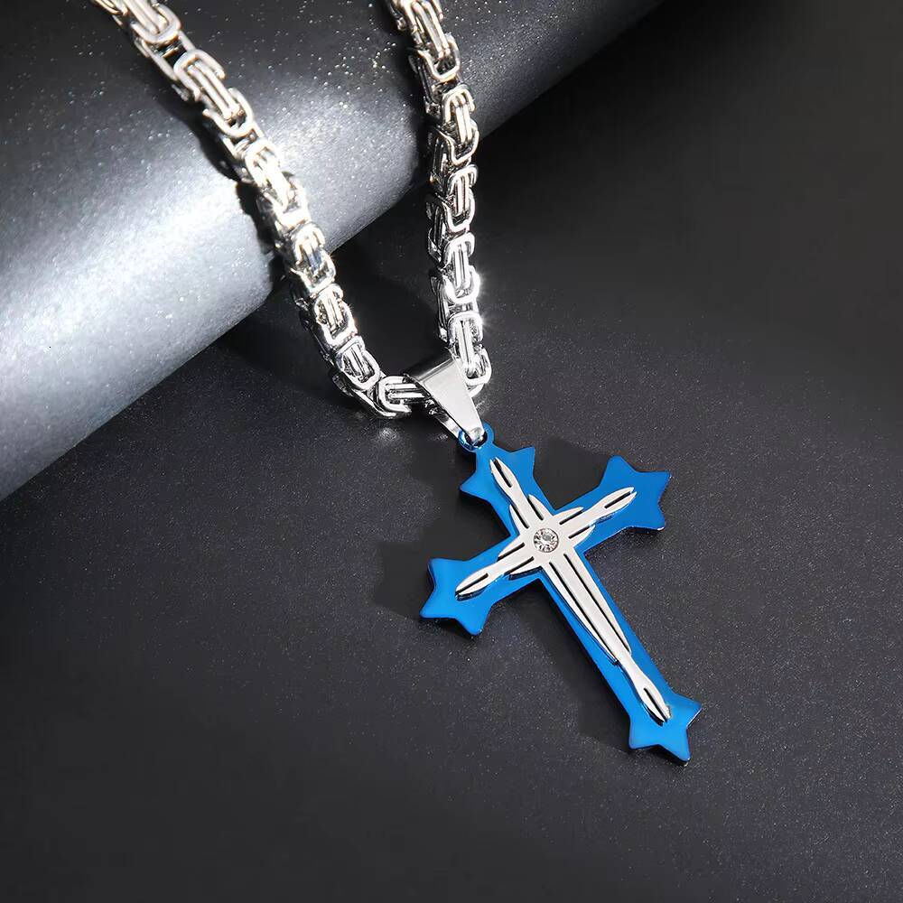 Mens Trendy Titanium Steel Diamond Cross Pendant Necklace Personalized Hiphop Style Stainless Steel Chains Jewelry