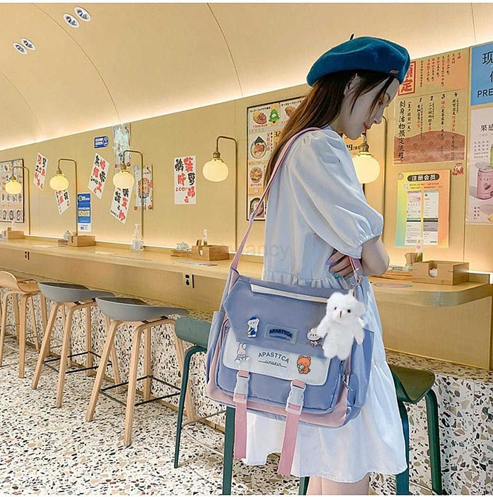 Messenger Bag for Teen Girls Women Kawaii Crossbody Shoulder Purse with Pins and Stuffed Pendant GiftW250911