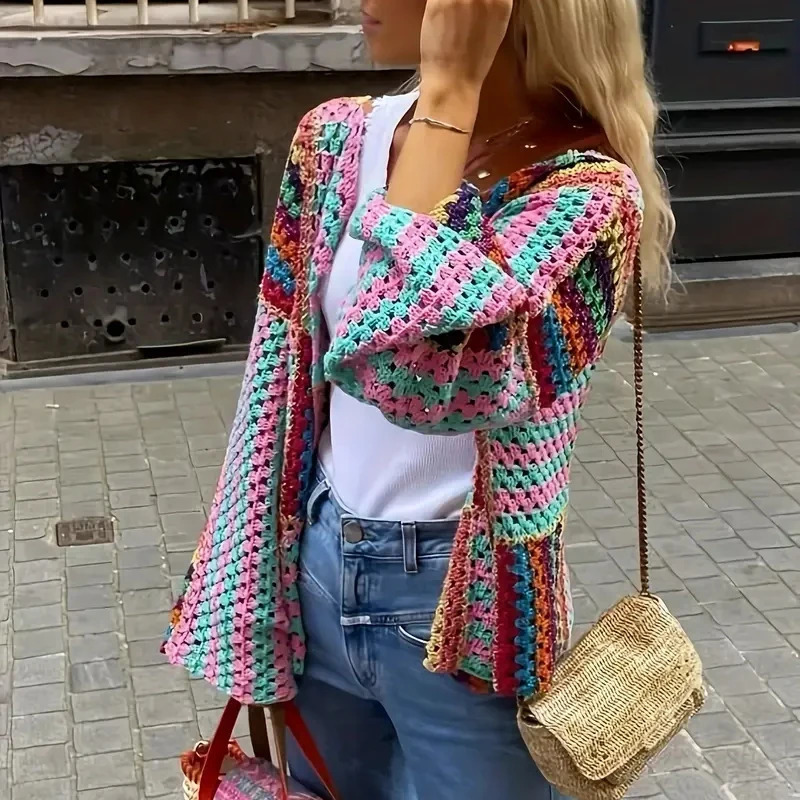 Multicolor Crochet Cardigan Women Sheer Openwork Patchwork Knit Open Front Sweater Jacket Boho Beach Vacation Festival Outfit 250910