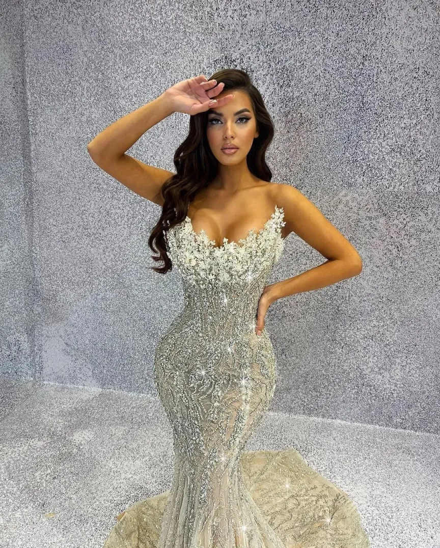 Stunning Crystals Mermaid Prom Gowns For Women Strapless Sequins Beaded Evening Dresses Party Vestidos De Gala Custom Made