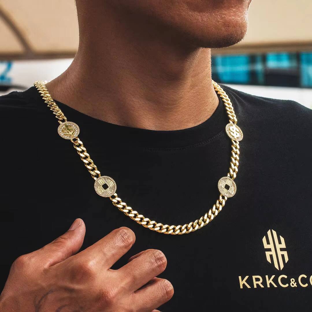 KRKC 14K Gold Plated 8mm Mini Dollar Coin Sign Cuban Link Chain Necklace