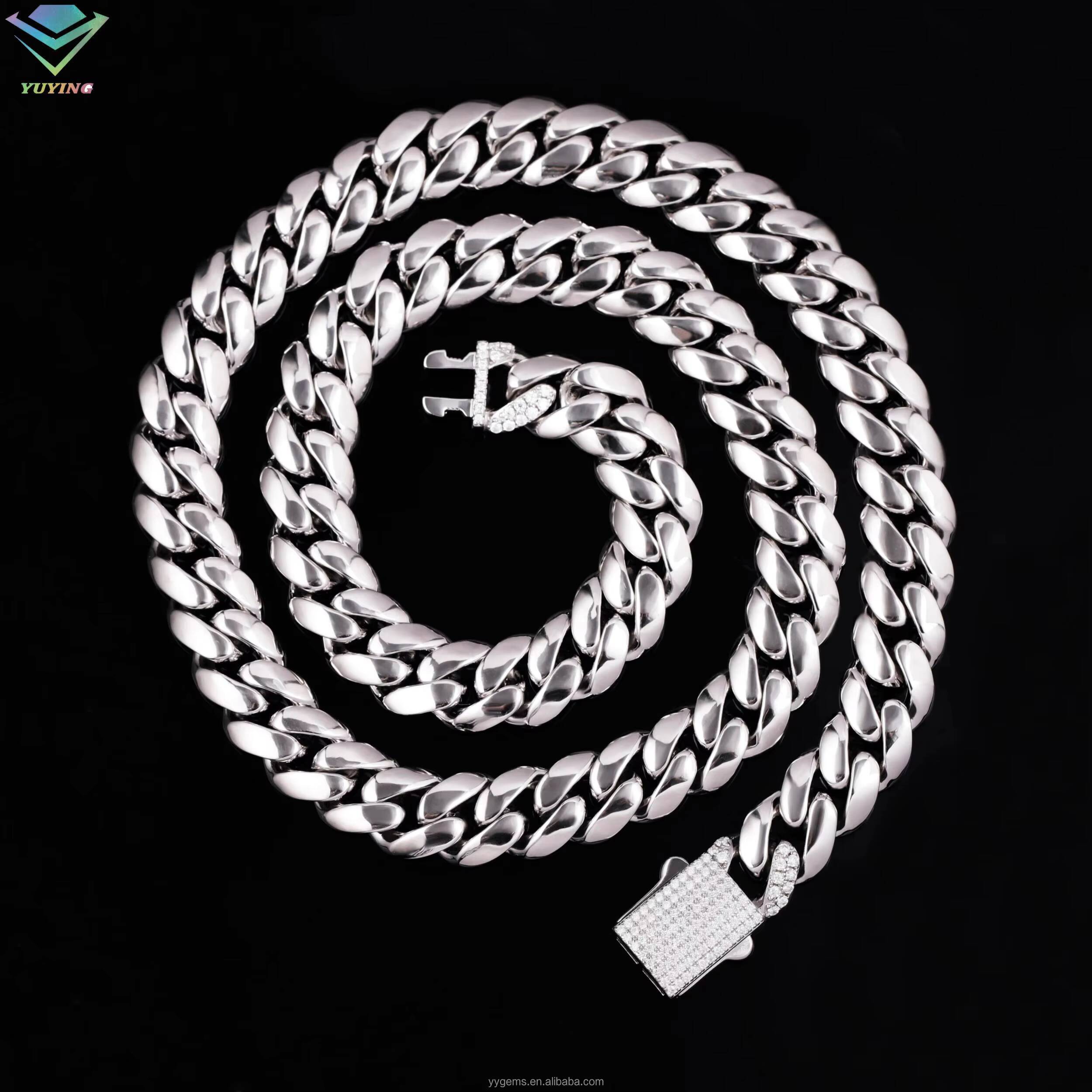 Spring/Snap Clasp White Gold Plated 8/10/13MM Miami Cuban Link Solid 925 Silver Plain Chain Moissanite Lock Cuban Chain Necklace