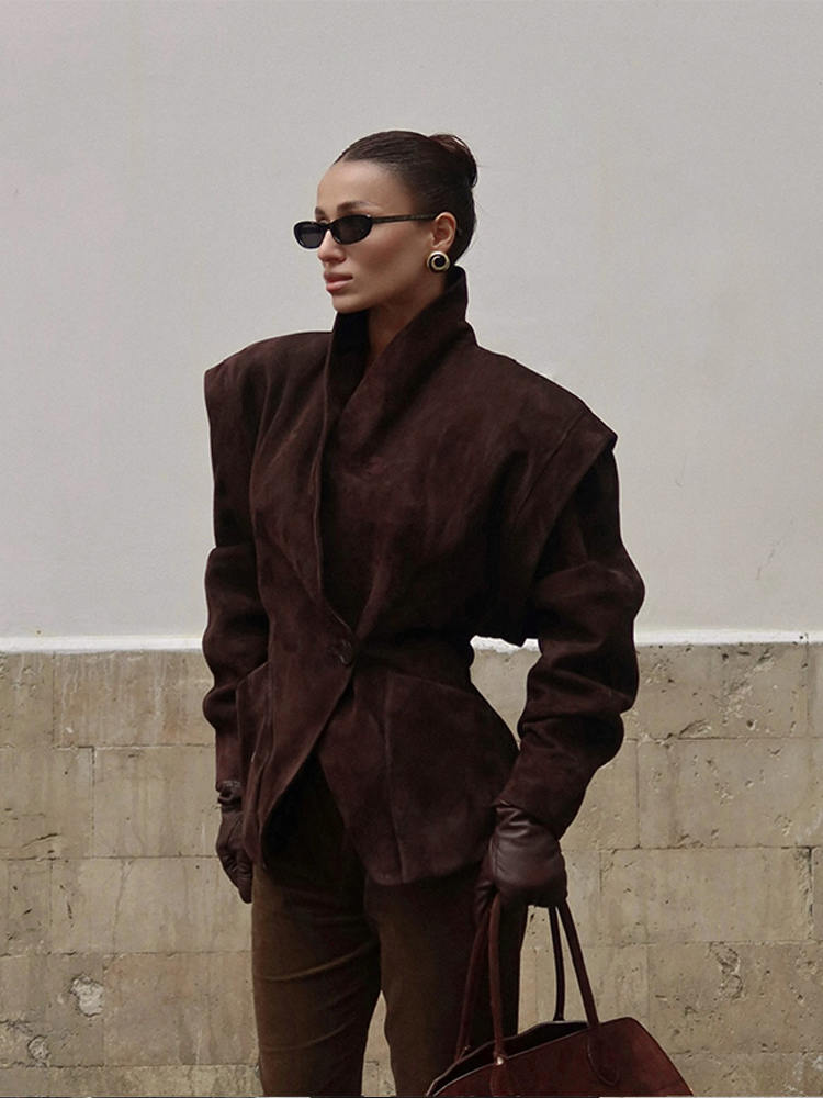 Women's Fashion Dark Brown Suede Jacket Casual Stand Collar Double Breasted Female Coat Lady 2025 Autumn Chic Street Brown Outerwear