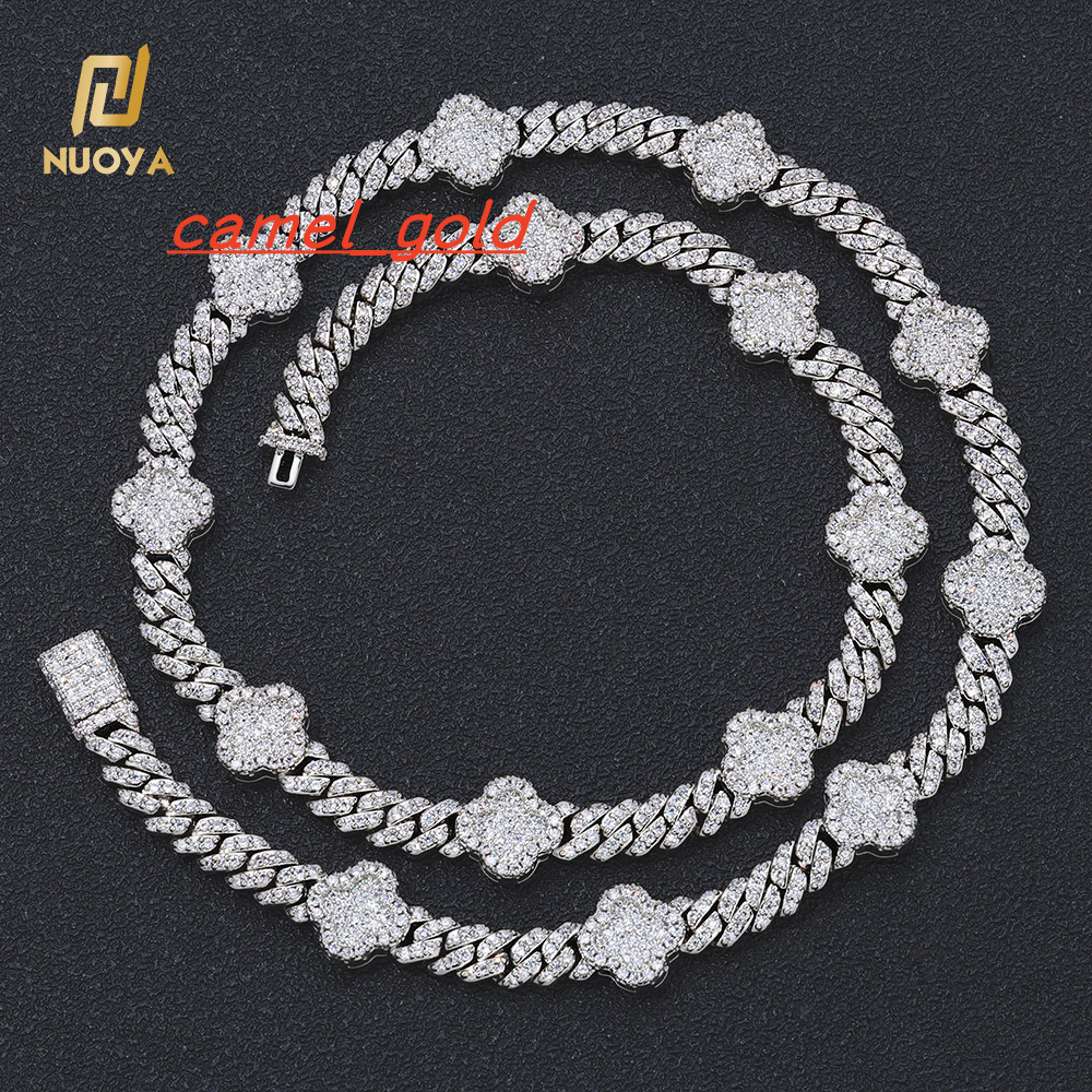 NUOYA Four Leaf Clover Design 6MM Cuban Chain Shiny Single Row Diamond Prong Cuban Link Chain Necklace Women Jewelry for Gift