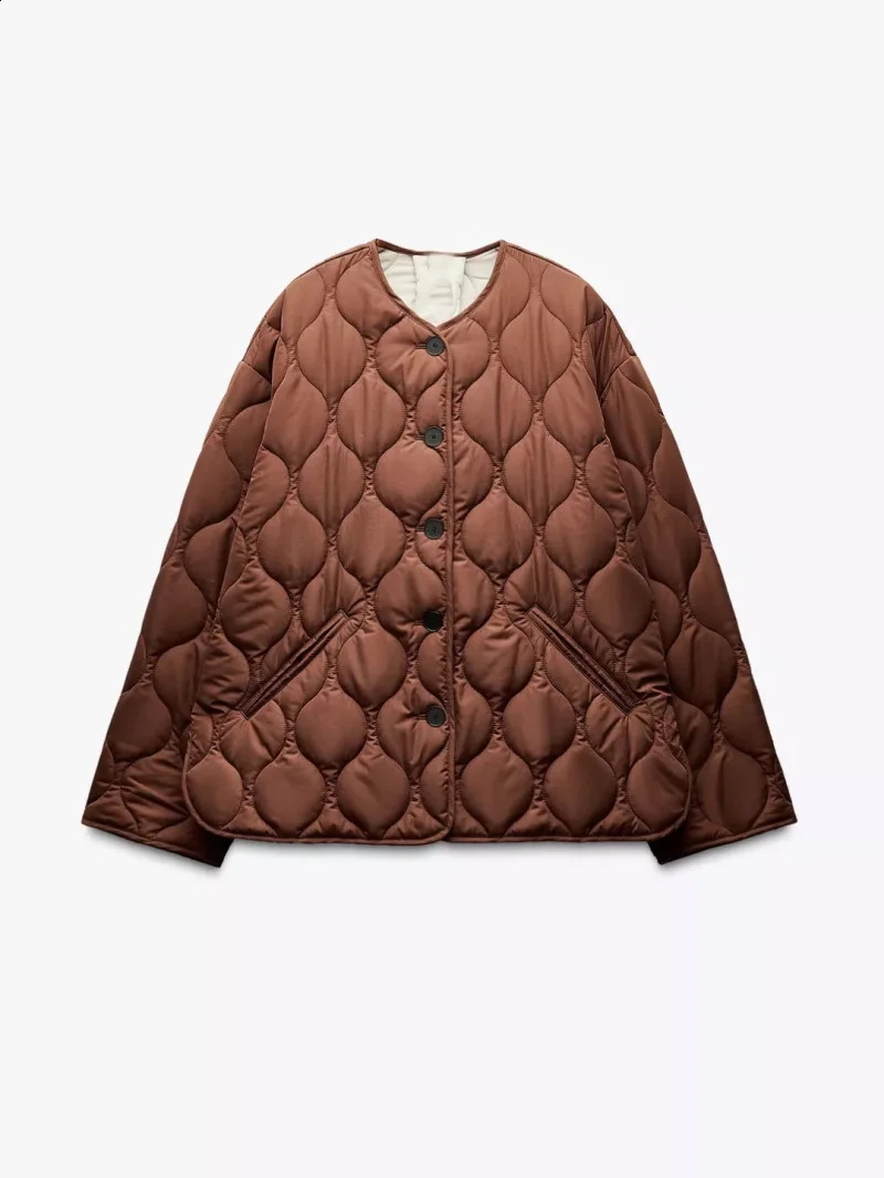 ETJ TRAF womens Autumnwinter Maillard brown light quilted diamond jacket loose version of the round neck coat 250911