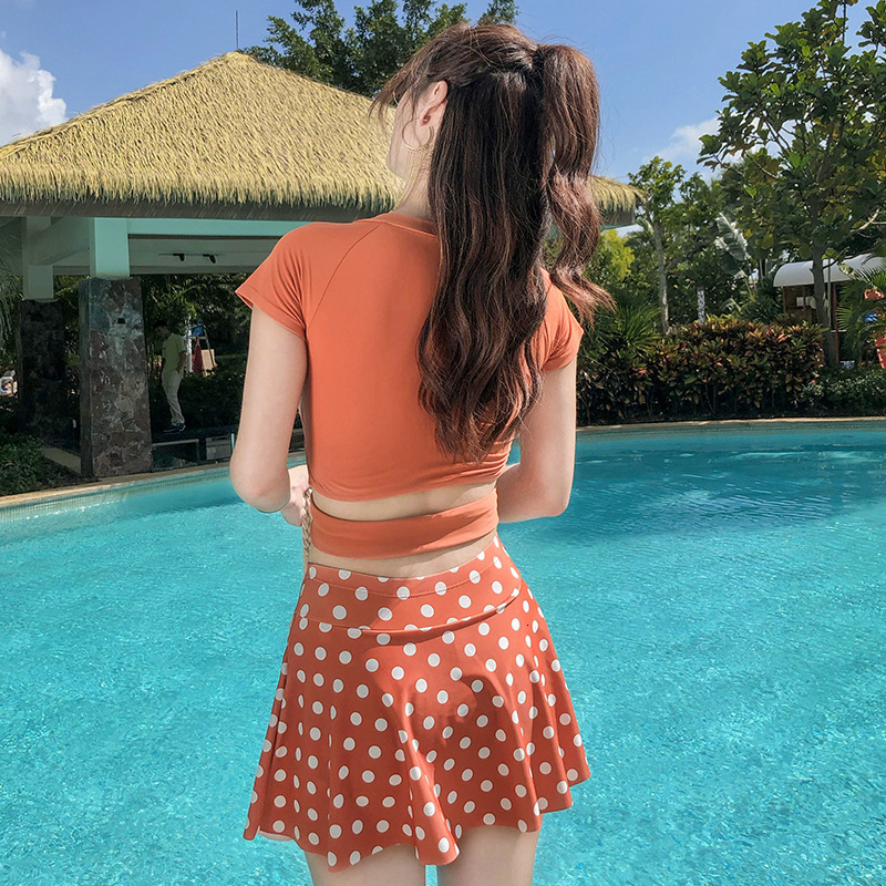 Women's Conservative Two-Piece with Boxer Shorts Anti-Exposure Sports Short Sleeve Student Slimming Hot Spring Swimsuit