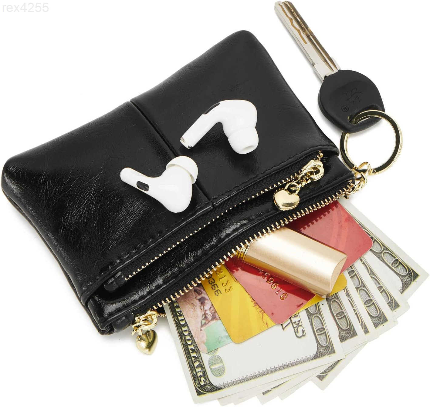 Women PU Leather Zip Mini Coin Purse With Key Ring Triple Zipper Card Holder WalletBlackW250911