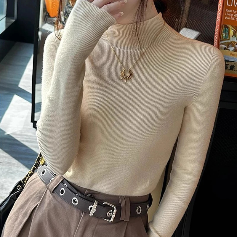 Half Turtleneck Solid Basic Sweater For Women Autumn Winter Korean Fashion Long Sleeve Slim Knitted Tops Pullover Warm Clothes 250911