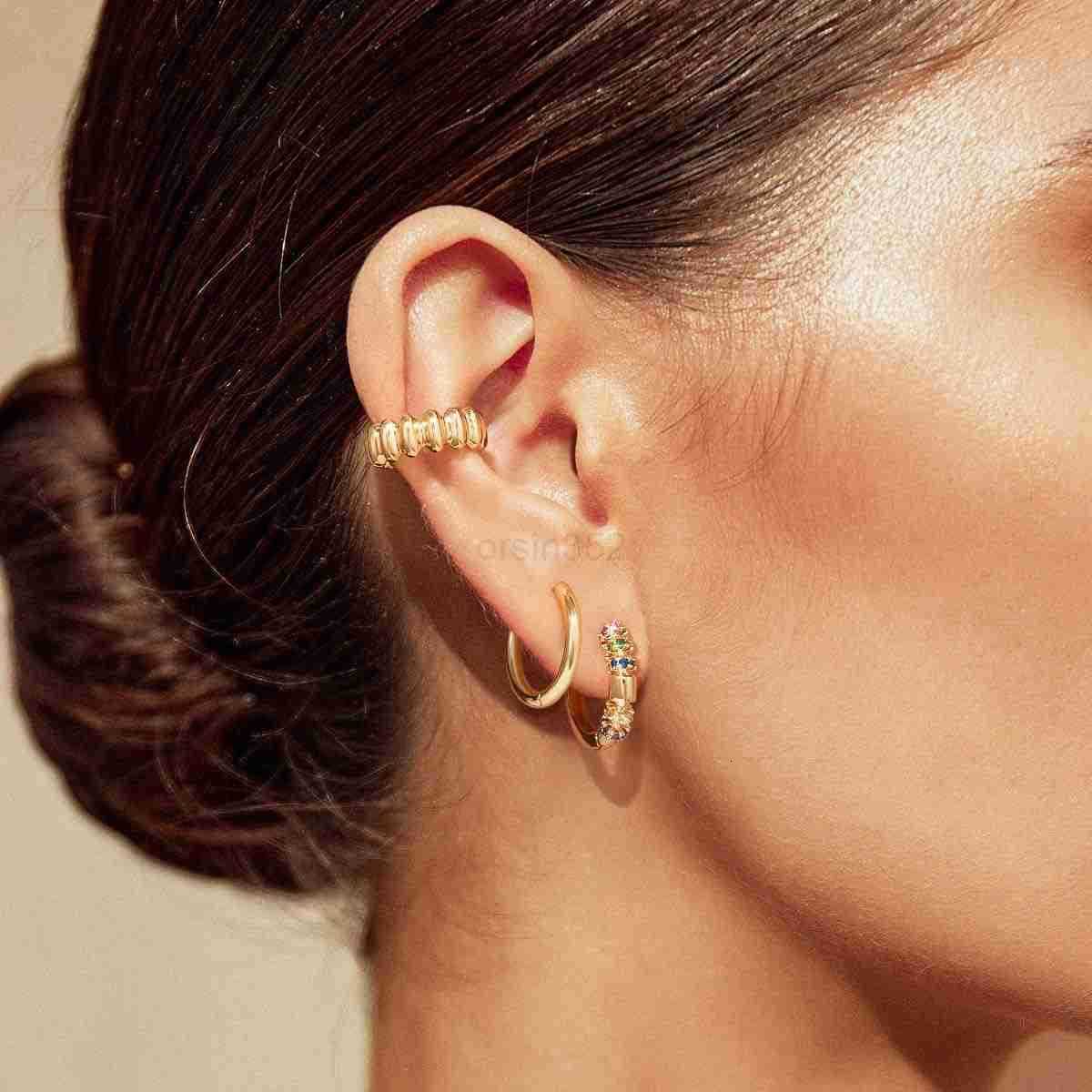 Studios Dainty CZ Huggie Hoop Earrings 14K Gold Plated Chunky Simple Cute Thick Round Frill Bead Ball Starburst Cuff Earrings Cubic Zirconia Hoop Earr