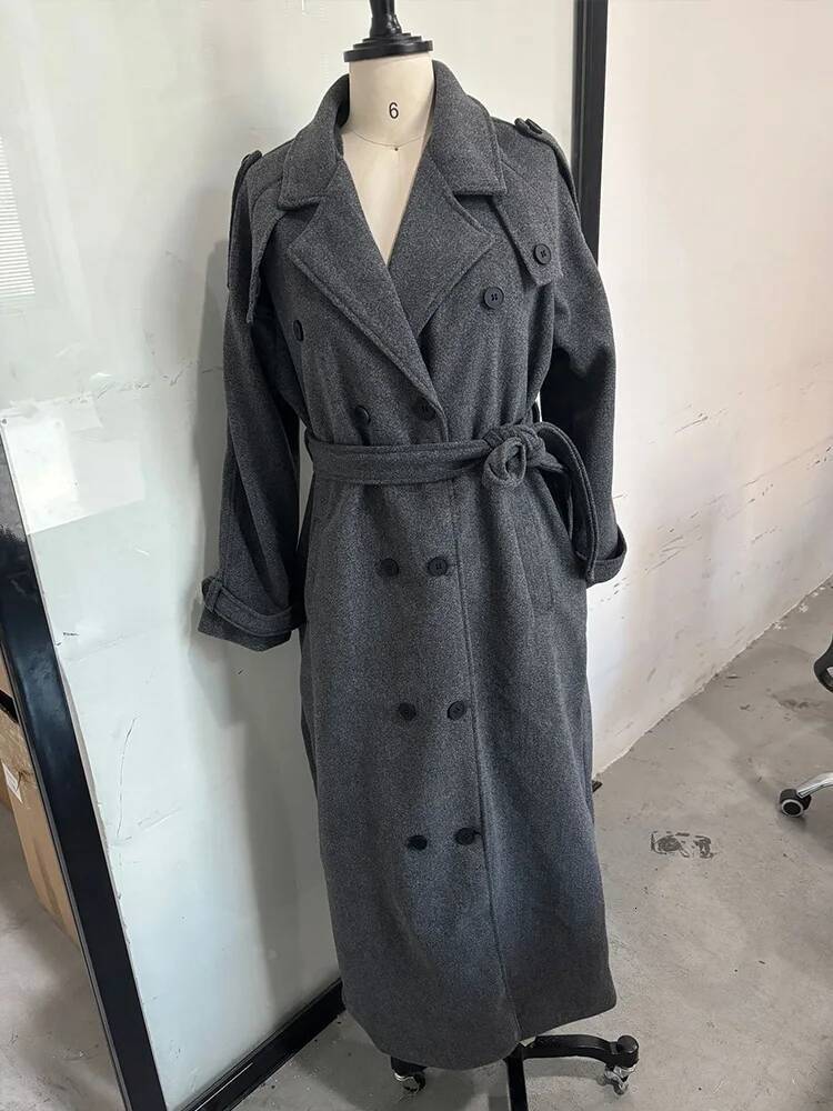Yitimuceng Elegant Solid Double Breasted Laced Up Coat for Women Long Sleeve Jackets 2025 New Autumn Winter Wool Coats