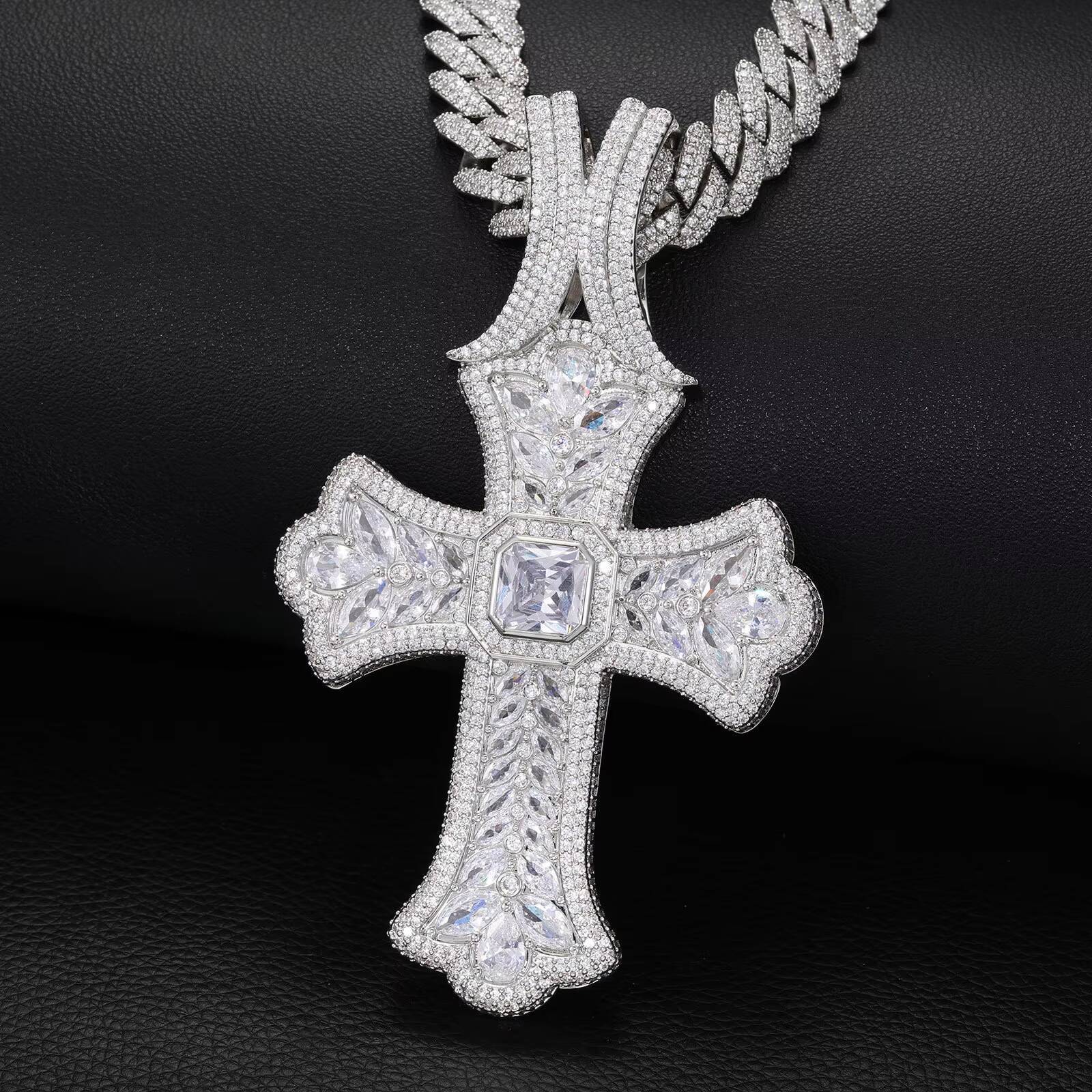 Hip Hop Style Big Cross Pendant Necklace for Men Zircon Stone Paved Silver Plated Classic Link Chain Rapper Jewelry Gift