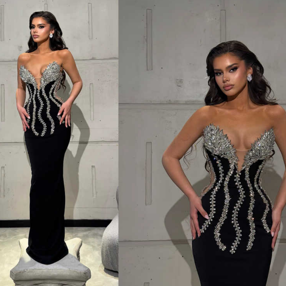 Black Straight Sexy Deep V Neck Prom Dress Customized Silver Leaf Sleeveless Evening Gown Dainty Banquet Formal Events Wear