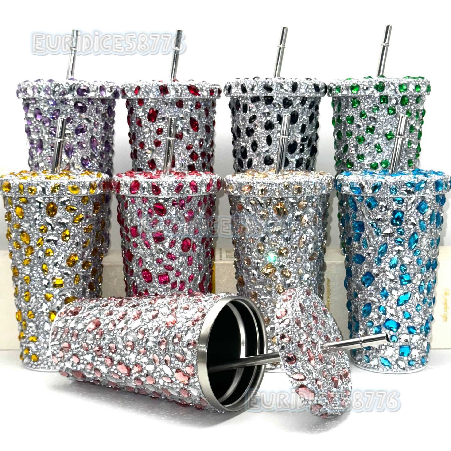 New Large Diamond Insulated Water Cup Doublelayer Straw Cup Beverage Cup Drinking Cup H250911