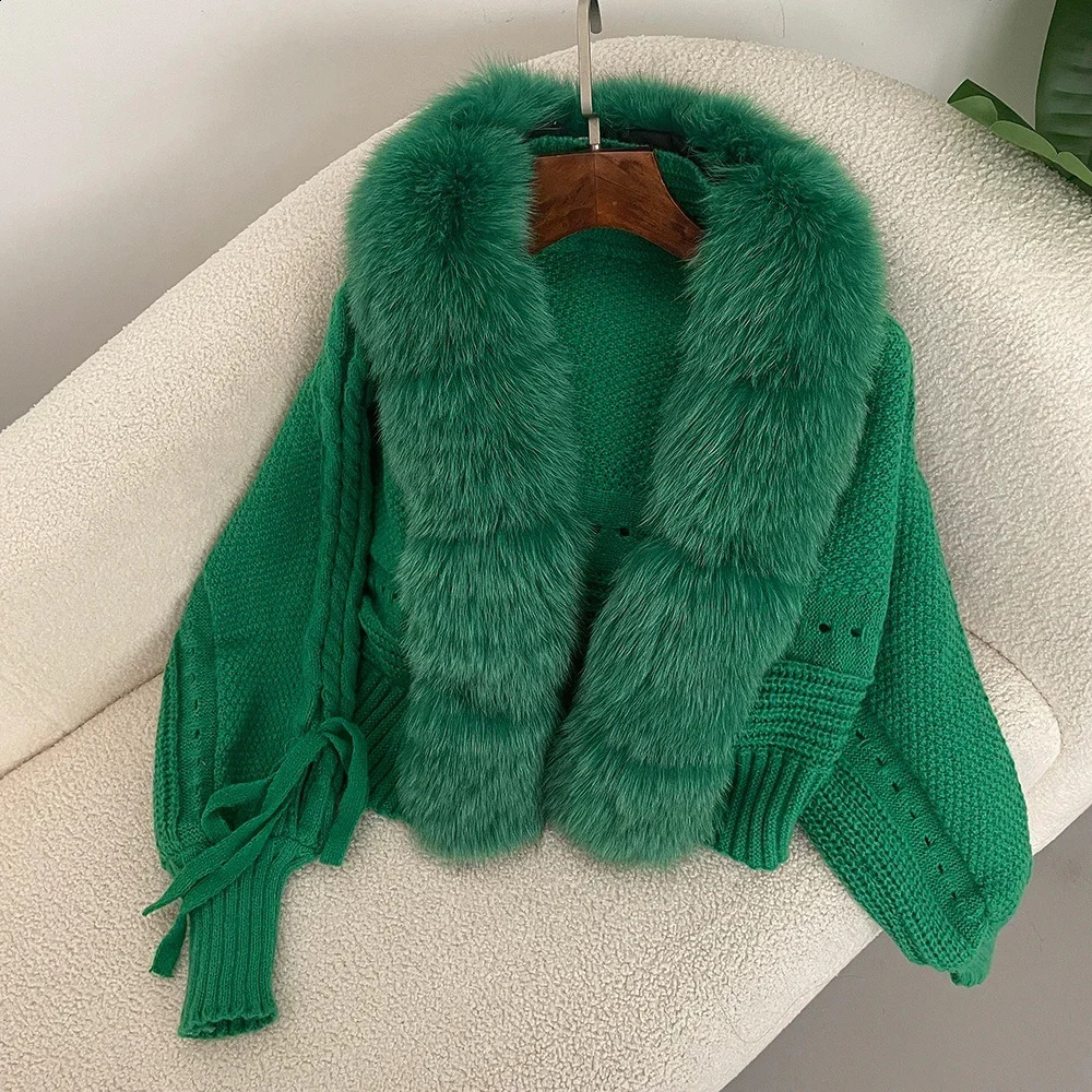 Knitting Cardigan Placket Coat Casual Real Fox Fur Fashion Short Warm Winter Women Knitted Jacket with Natural 250911