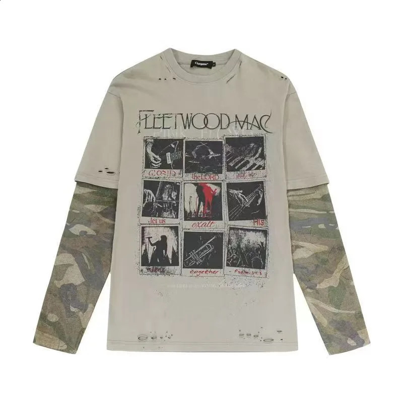 Hip hop punk retro pattern ripped men pullover street fashion camouflage sleeve two clothing loose trend sweatshirt 250911