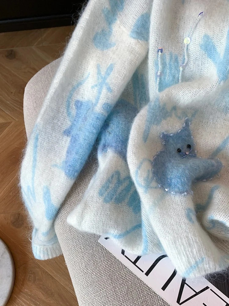 Heavy Industry n Cat Print Bead Soft Waxy Pullover Womens Lazy Agereducing Mohair Knitted Sweater 250911