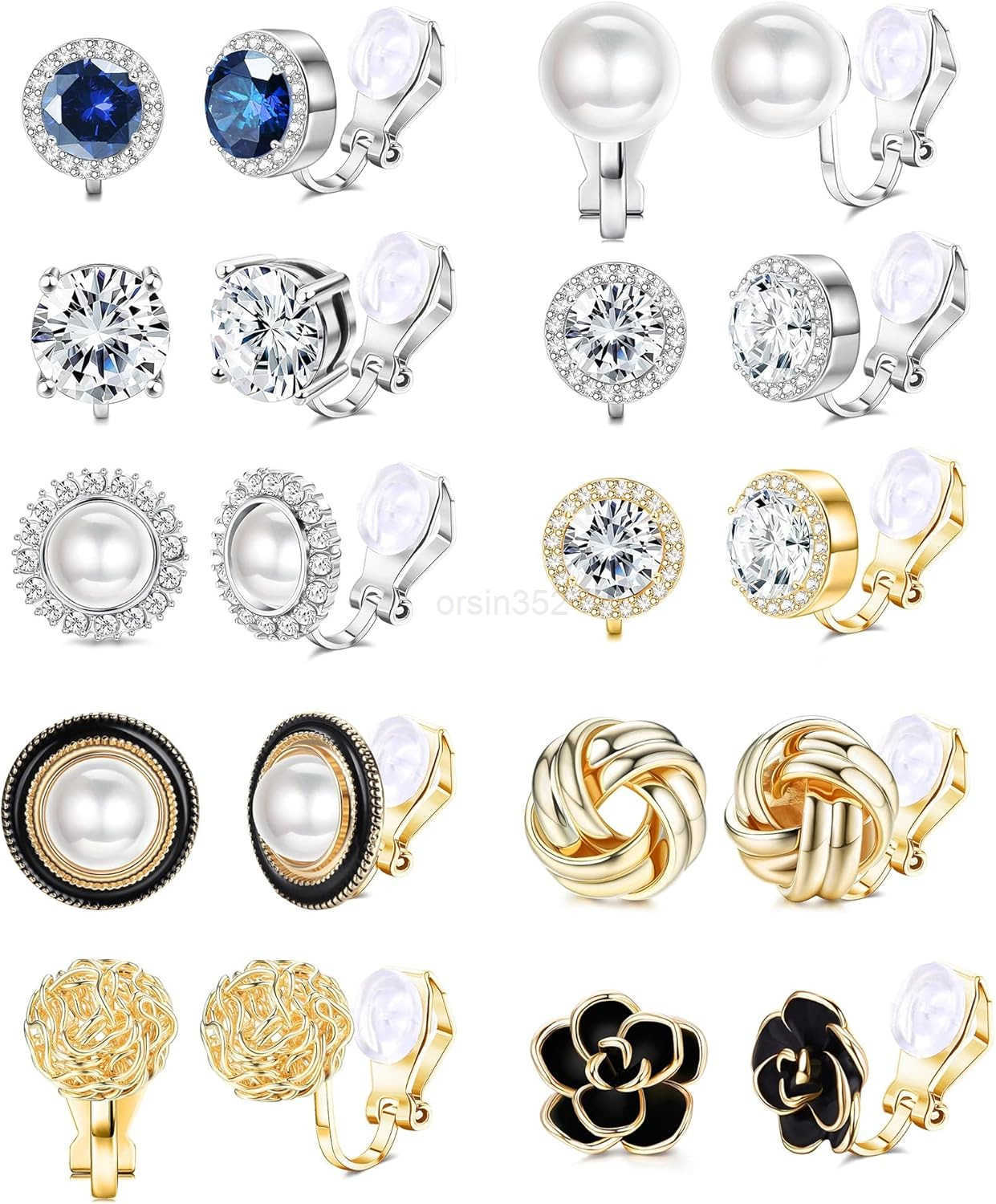 10 Pairs Clip Earrings for Women Clip On Earrings for Non Pierced CZ Flower Simulated Freshwater Pearl Twist Knot Clip Earrings Sets Gold Silver ToneW