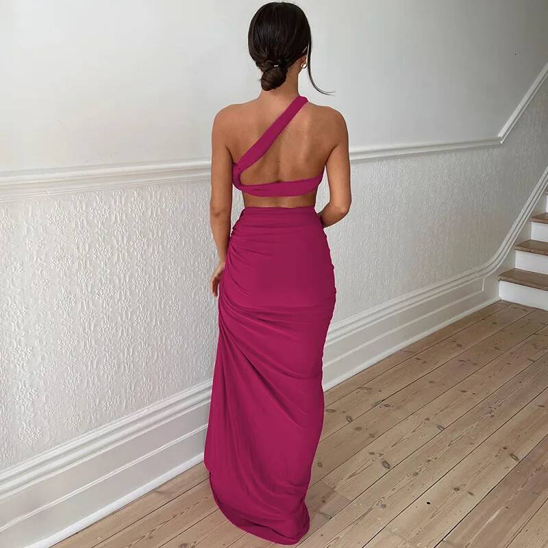 Women Summer 2 Pieces Outfits Solid Color Oblique Shoulder Sleeveless Sexy Tops Wrapped Hip High Waist Slit Long Skirts Sets dongdumaoyi