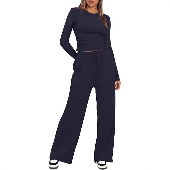 2025 European and American autumn and winter new long sleeved solid color casual top set, autumn and design winter new designer knitted clothing