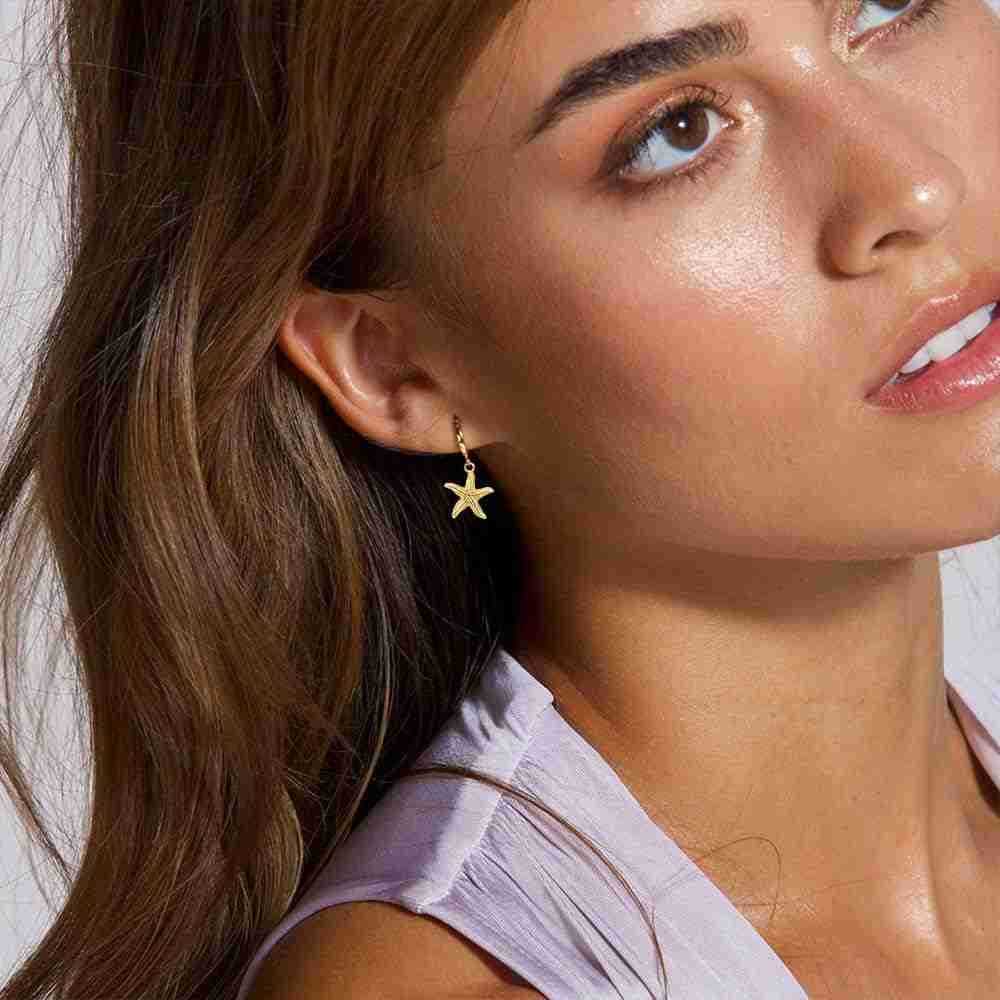 Huggie Earrings for Women 14K Gold Plated Beach Sea Drop Dangle Earrings Starfish Butterfly Moon Star Seashell Beachy JewelryW250911