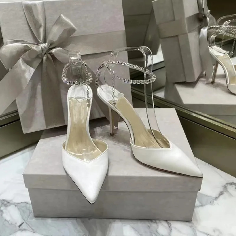 Satin Pumps Crystal Pendant One Word Rhinestone Chain High Heels Pointed Thin Heel Sexy Sandals Wedding Shoes 250911
