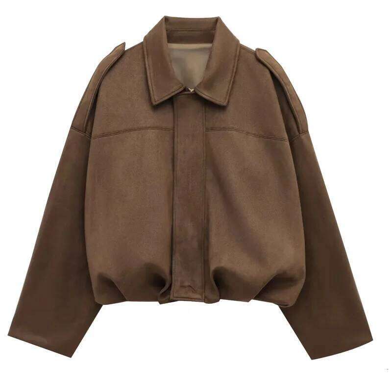 TRAF 2025 Women's Cropped Suede Jacket Women Demi-Season Bomber Jackets Long Sleeve Oversize Zipper Solid Coats
