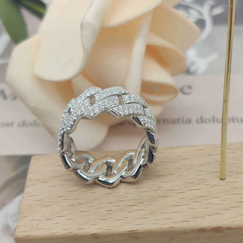 Custom Moissanite Cuban Ring S Sier with 2rows Hip Hop Mens White Gold Plated Vvs Dia Rings