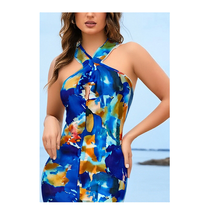 Women's Sleeveless Halter Neck Bodycon Mini Dress with Colorful Abstract Print