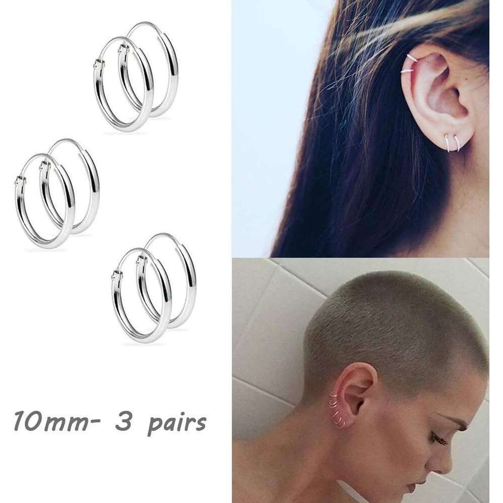 Earrings- Cartilage Endless Small Hoop Set for Women Men, 3 Pairs of Hypoallergenic Sterling Sier Tragus Earrings Nose Lip Rings
