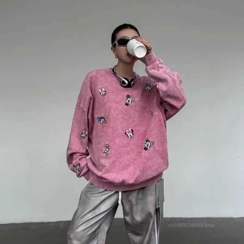 Disney Mickey Minnie Donald Duck Womens Pullover Spring Autumn Korean Version Design Sense Hoodie Cute Embroidery Versatile Top L250911