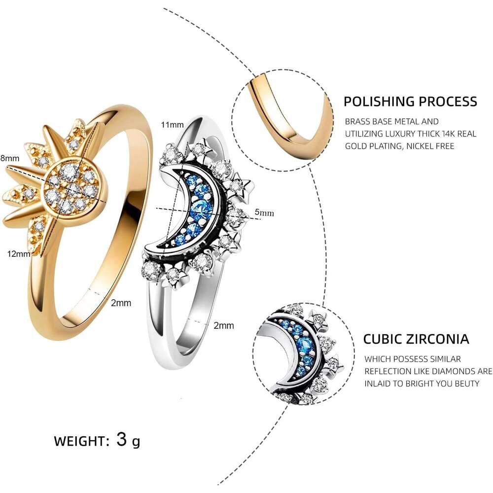 and Set, Sparkling Sun Ring/Blue Moon Ring with 14k Gold/Sier Plating, Friendship Promise Ring, Stackable Celestial Rings, Gift for Women