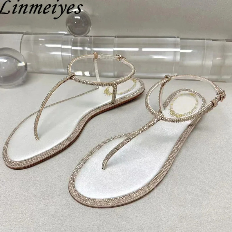 Summer Sandals Women Flip Flops Rhinestone Party Shoes Female Peep Toe Narrow Band Crystal Flat Woman Sandalias Mujer 250911