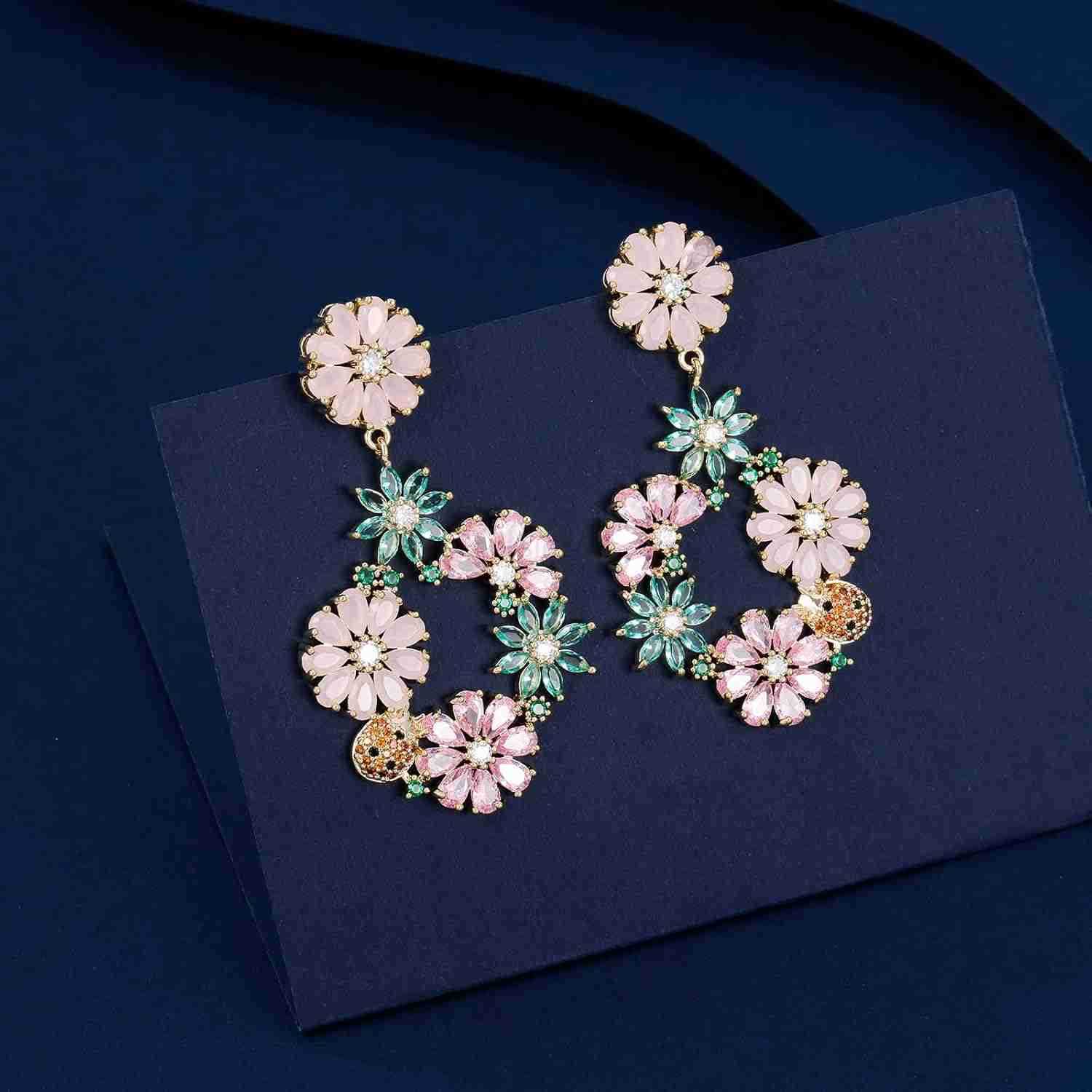 Gemstone Drop Dangle Earrings Rhinestone Cluster Earrings Luxury Bridal Flower Fashion Jewelry 18K Gold Plated 925 Sterling Silver Posts Sparkly Eveni