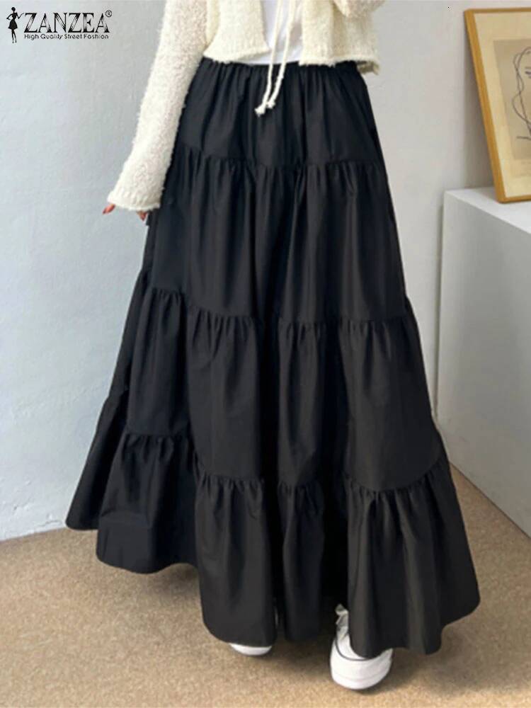 Women Korean Fashion Tiered Maxi Skirt Elastic Waist Casual Solid Color A-line Faldas Mujer Holiday Streetwear Long Jupes dongdumaoyi