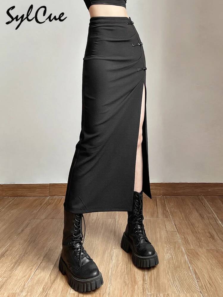 Nibber Black Sexy Split Simple Casual All-Match Hot Street Outing Cool Mature Vitality Personality Trend Basic Women'S Skirt dongdumaoyi