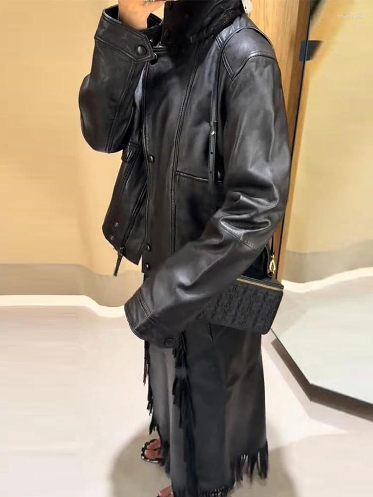 Women's Jackets Fashion Pu Leather Stand Collar Jacket Women Solid Loose Long Sleeve Button Street 2025 Black Pockets Zipper Outwear