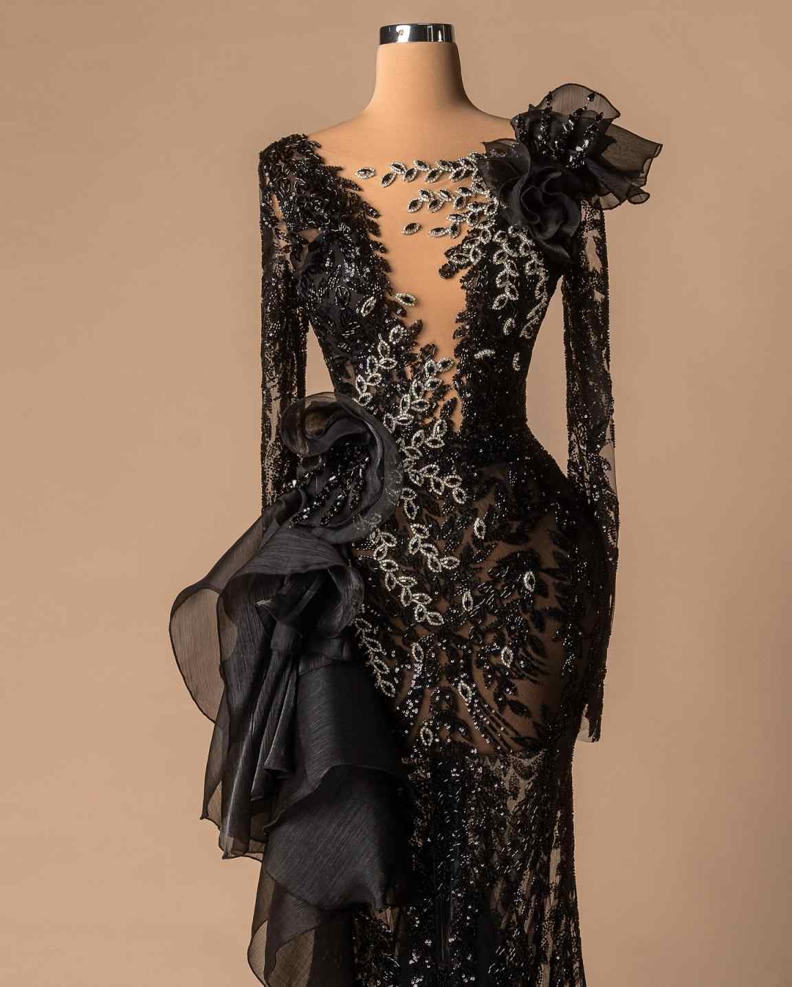 Glamorous Sequins Lace Long Sleeve Mermaid Evening Dresses Sweep Train Crystals Beading Formal Occasion Customized Dresses